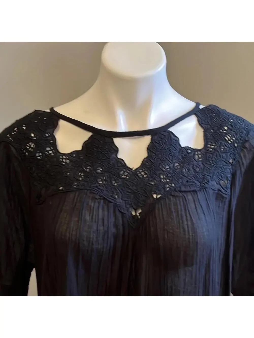 Free People 100% Cotton Embroidered Mini Dress XS Black Boho Peasant Tunic